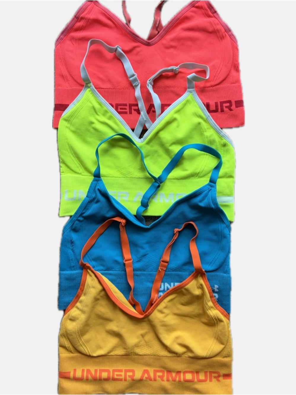 Set of 4 Under Armour Seamless Strappy Sports Bra Orange Red Yellow Blue XS